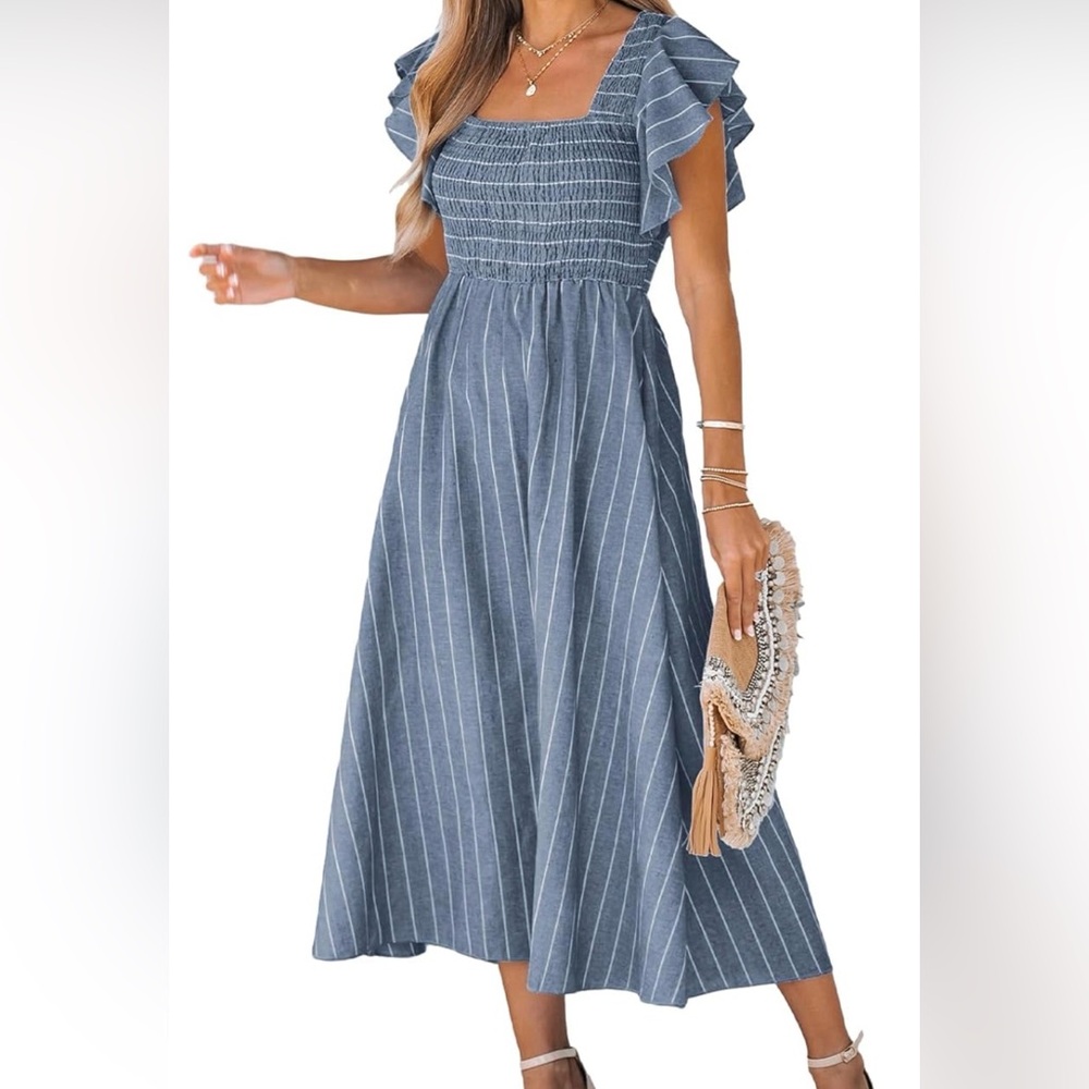 Cupshe Navy Striped Midi Dress with Ruffle Sleeves
